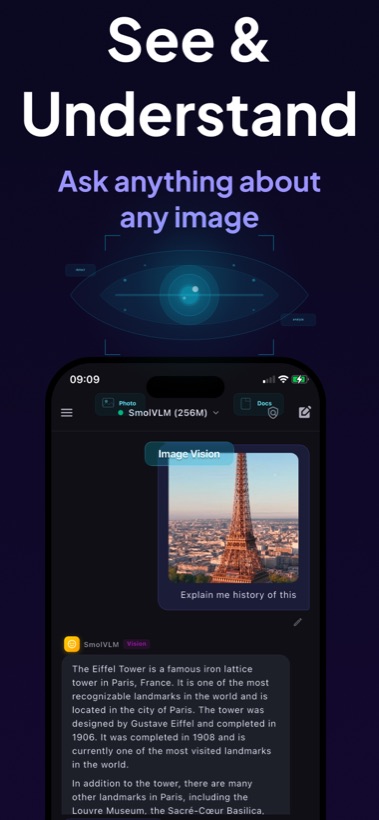 Local AI Chat image vision screenshot asking about the Eiffel Tower.