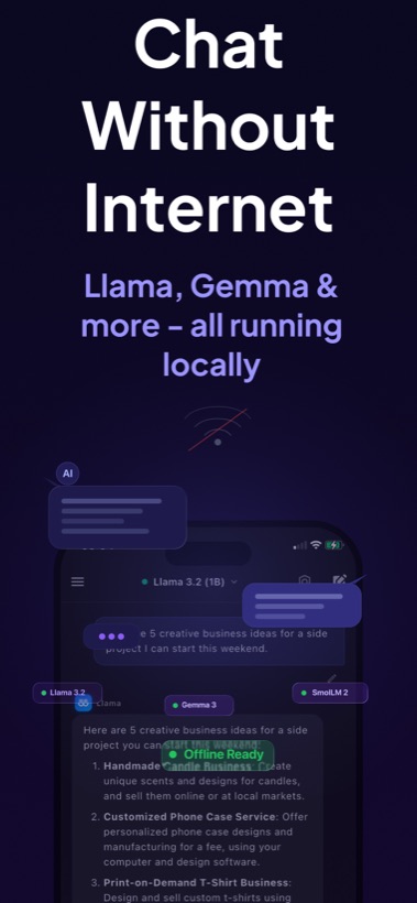 Local AI Chat works without internet using Llama, Gemma, and SmolLM models locally.