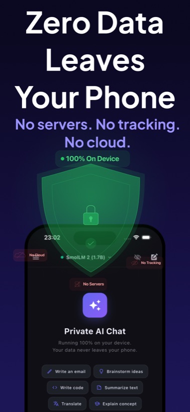 Privacy screen stating zero data leaves your phone.