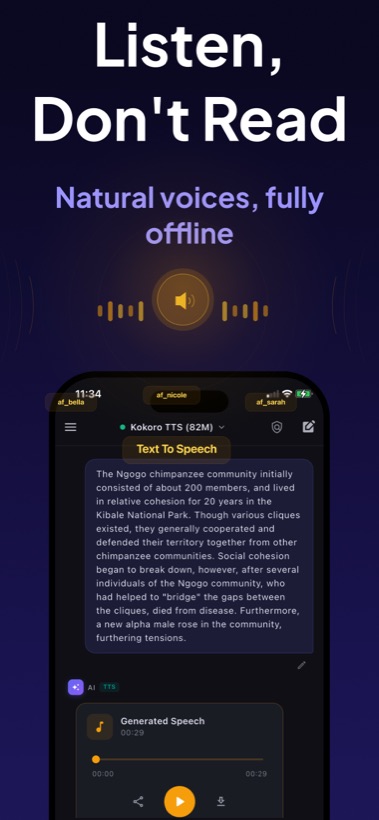 Local AI Chat text-to-speech screenshot with generated speech player.